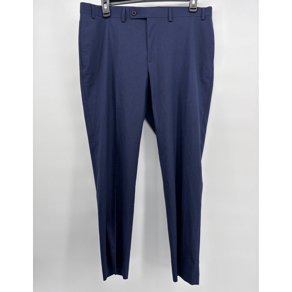 Blue Micro Check Flat Front Dress Pants Mens 38x30 Slim Straight
